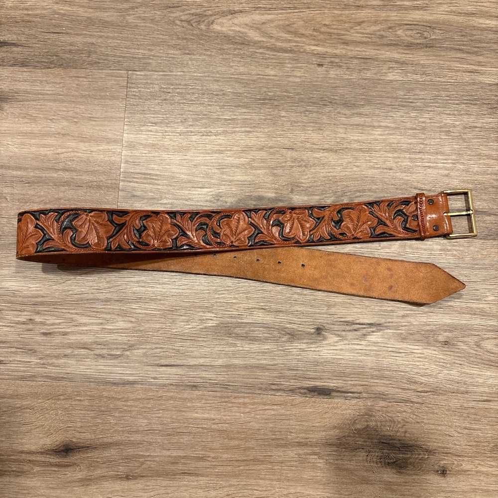 Hand Tooled Leather Belt Floral Western Tan Genuine Leather Boho Vintage